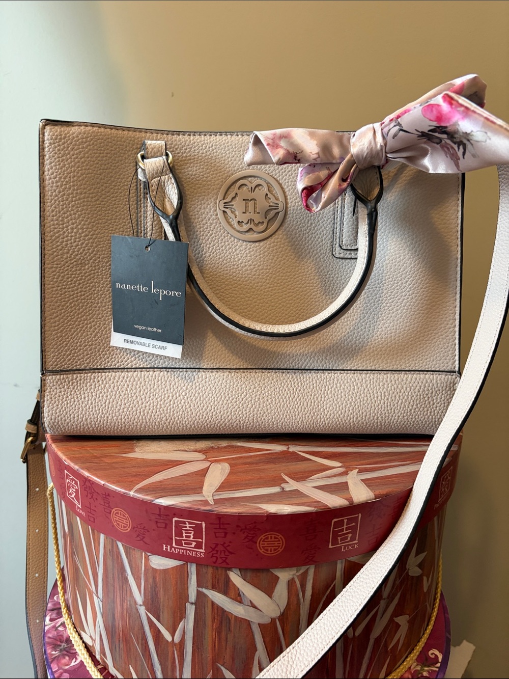 Nanette Lepore Cream Leather Satchel with Floral Scarf Accent